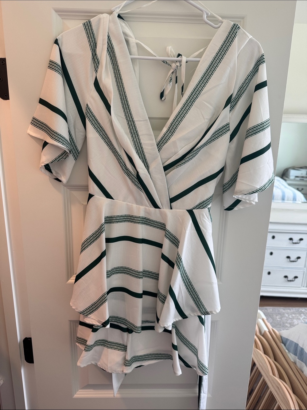 L'ATISTE White Romper with Green Stripes V-Neck Wrap